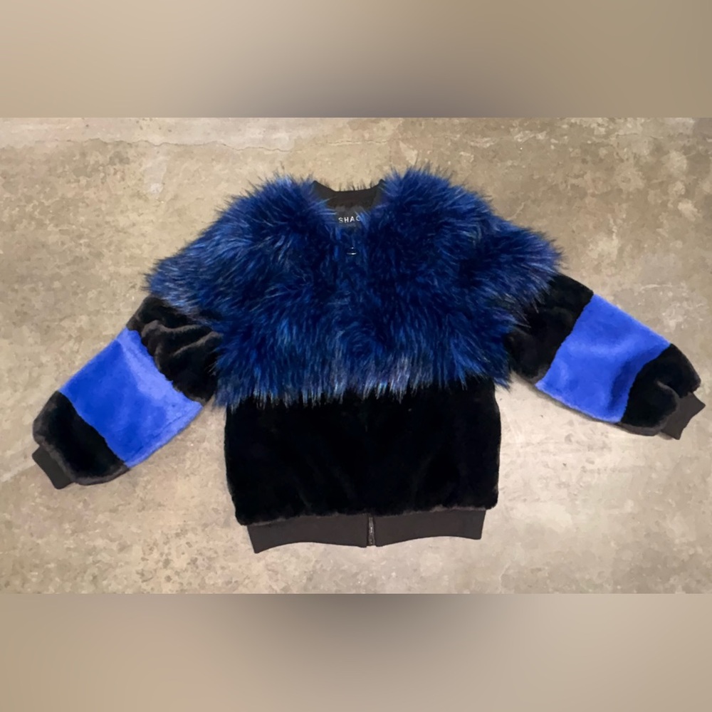 Shaci Women’s Shaggy Faux Fur Bomber Jacket Blue Black Size Large